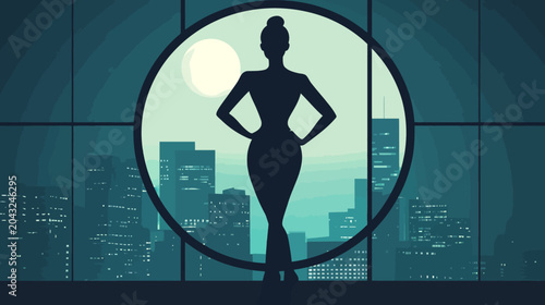Silhouette of a figure in a large window frame against a cityscape with crescent moon and glowing buildings at night