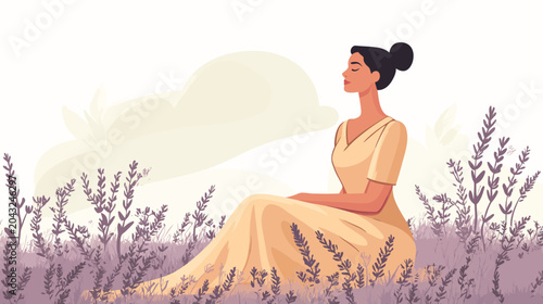 A serene woman sits in lavender, eyes closed, wearing a peach dress pastel hills