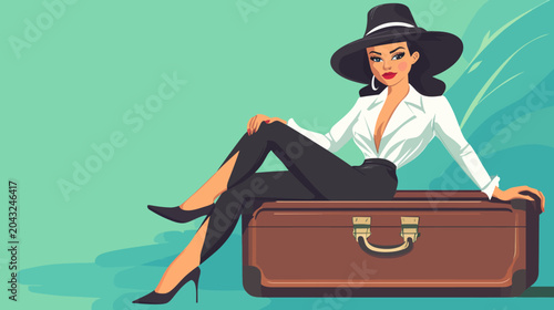 Woman in white shirt and black pants sits on vintage suitcase, wearing high heels and black hat with white ribbon. Background features teal patterned leaf designs