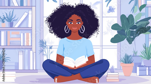 Young woman with voluminous curls sits cross-legged reading a book among plants!
