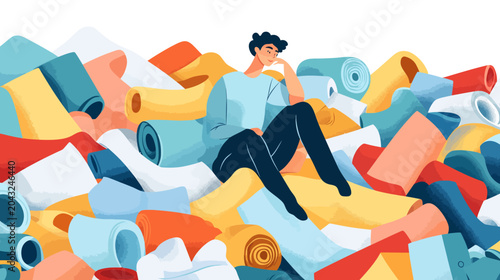 A person sits thoughtfully amid vivid heap of colorful rolled papers and shapes!