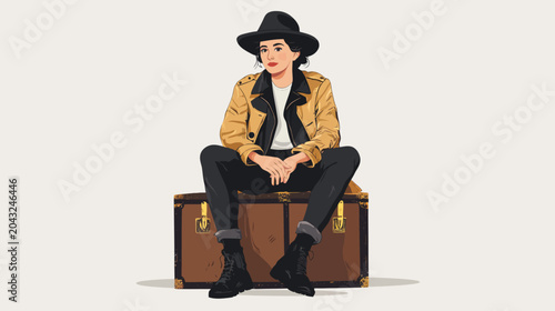 A stylish woman sits cross-legged on a vintage suitcase wearing a tan jacket now