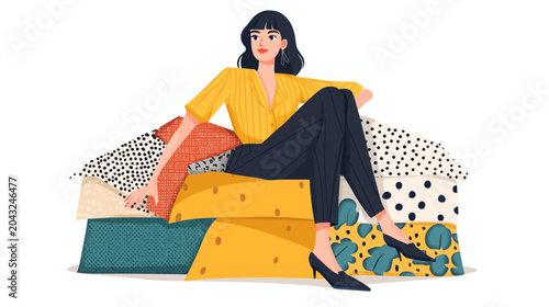 Woman in yellow blouse sits atop patterned cushions among bold textiles. Today