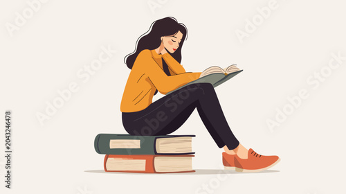 Woman in orange sweater sits on oversized books, reading an open book. stillness