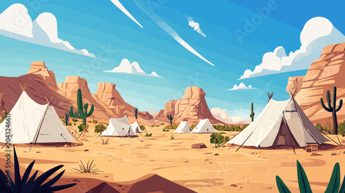Sunlit desert camp with white tents, rugged rocks, and bright blue sky overhead