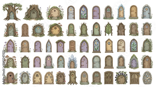 Fotografía Collection of whimsical fairy doors and entrances set against a white background, perfect for fantasy illustrations
