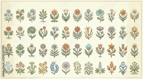 Bild auf Leinwand Collection of diverse floral motifs and botanical illustrations in a vintage style