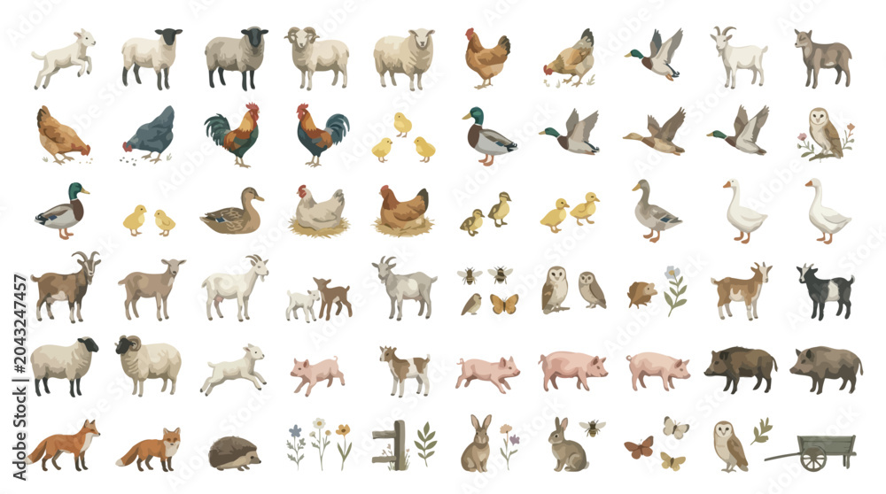 Fototapeta premium Collection of Farm Animals and Wildlife Illustrations.