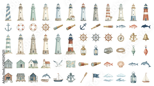 Φωτογραφία Watercolor Collection of Nautical Elements and Seaside Icons for Design