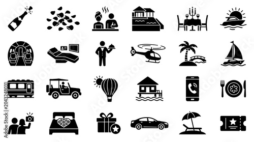 An elegant vector set for unforgettable Travel & Adventure, showcasing romantic escapes, luxury experiences, and premium vacation activities