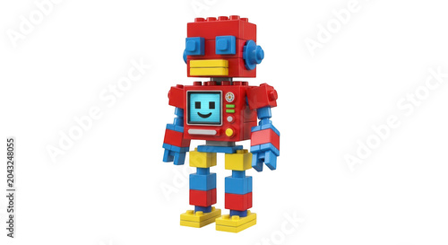 A toy robot built from colorful plastic building blocks isolated on transparent background