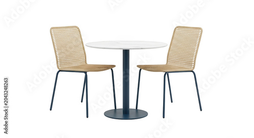 Modern bistro set with two woven rattan chairs and a round white marble table isolated on transparent background