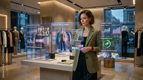 Woman using advanced augmented reality interface for personal styling and fashion trend forecasting