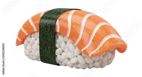 A piece of salmon nigiri sushi with a strip of nori seaweed wrapped around the rice and fish, isolated on transparent background