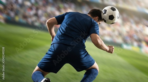 Dynamic sports composition of a male athlete heading a soccer ball during a match with blurred stadium background
