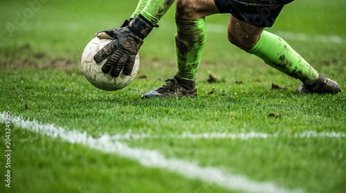 Dynamic moment of a soccer goalkeeper making a crucial play on a muddy ball during an intense match, showcasing dedication and skill on the wet sports field with determination
