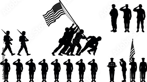 Canvastavla Silhouettes of Military Personnel Saluting in Uniform on White Background