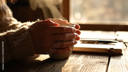 Person's hands holding steaming mug on wooden table by window
