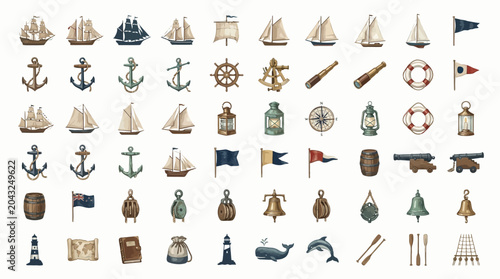 Quadro su tela Collection of nautical and maritime icons and symbols, including ships, anchors, flags, and sea creatures