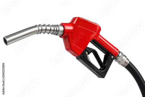 Fotografie Close-up of red fuel dispenser nozzle isolated on white background, gasoline pum