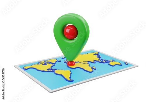 Green location pin on world map with red center marker isolated on white background