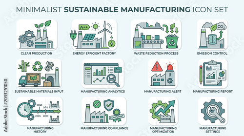 Minimalist Sustainable Manufacturing Icon Set for Eco Friendly Industrial Processes.