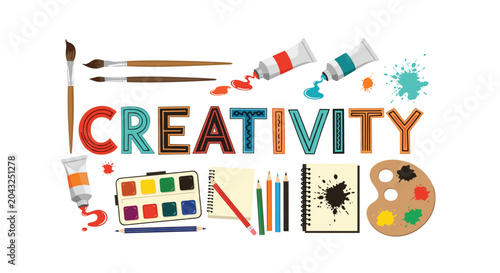 Creative workspace illustration featuring the word Creativity surrounded by various art supplies like paints brushes pencils and pads.