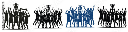 Vector silhouette of a soccer team celebrating victory with a trophy. Vector, illustration, minimalist, flat, icon, icon set