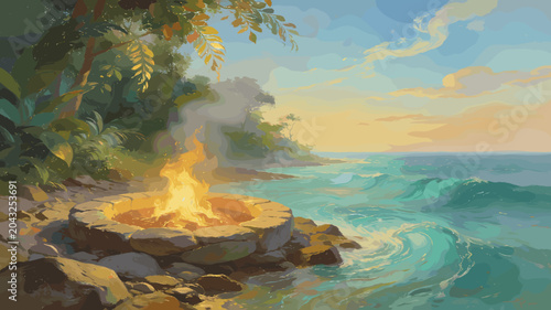Slika na platnu A serene beach scene with a crackling campfire on the shore, waves gently lapping against the rocks under a warm, golden sunset sky