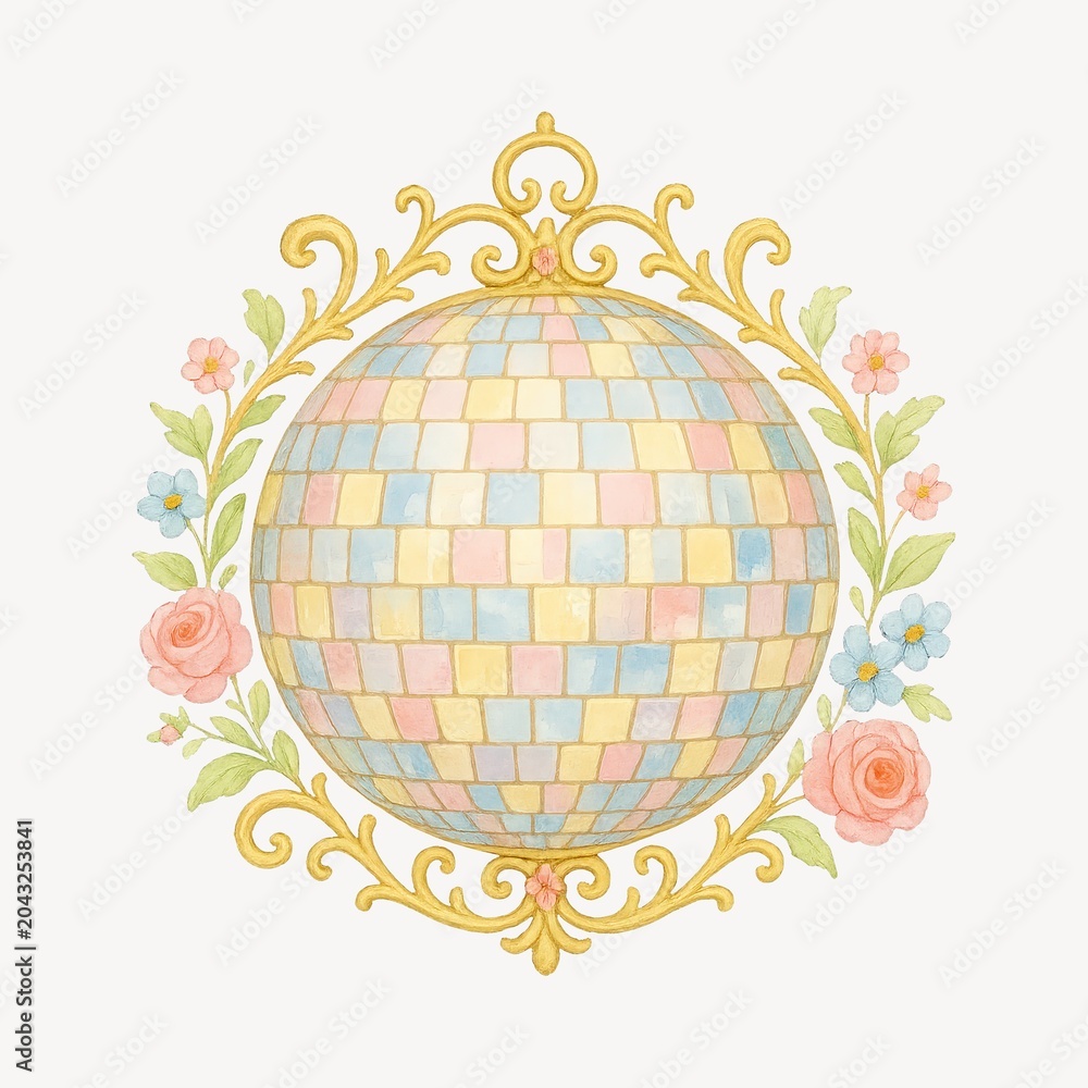 Obraz premium Pastel floral disco ball illustration.