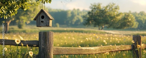 A serene farmyard with a small birdhouse hanging from a fence post, representing nurturing and care, 