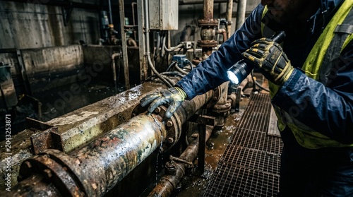 Male technician inspecting industrial pipe with flashlight in dark facility, wearing safety gloves and reflective vest, water pooling on the floor