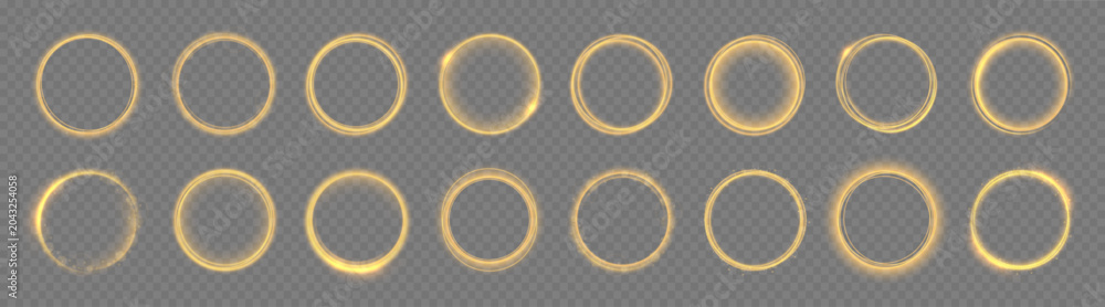 Fototapeta premium Transparent gold ring with soft glowing stardust. Elegant light particles form luxury abstract frame. Vector festive PNG illustration element.