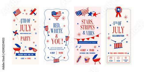 Set Festive American independence day banners with patriotic symbols and celebration themes