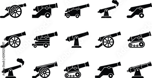 Foto Black silhouette collection of vintage military cannons and antique artillery we