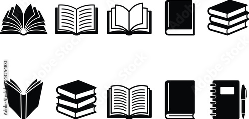 Photos Black silhouette icon set of open books library textbook stacks and spiral noteb
