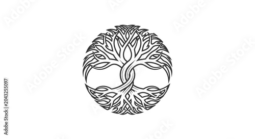 Black and white circular graphic featuring an stylized tree with intertwined roots and branches