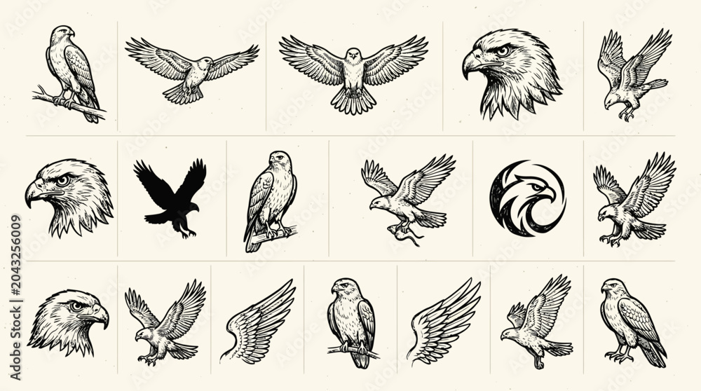 Obraz premium Set of eagle and hawk sketches for emblems and logos.