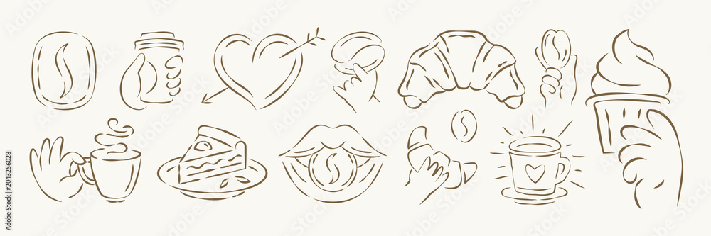 Fototapeta premium A romantic set of hand drawn coffee and bakery icons. A whimsical vector illustration with love symbols, croissants, and cake. Ideal for cafe branding, valentine's cards, or cozy themed projects