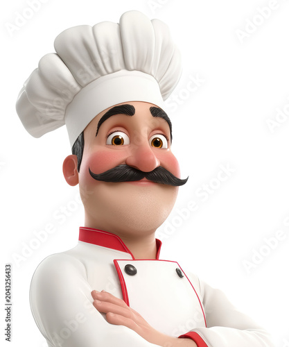 Chef in white uniform with a hat showing a smile and crossed arms