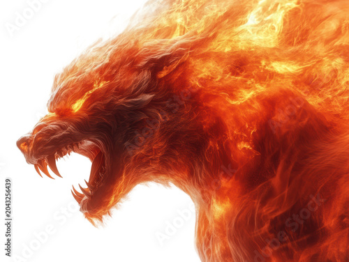Fire wolf howls fiercely in a stormy night during a fantasy scene