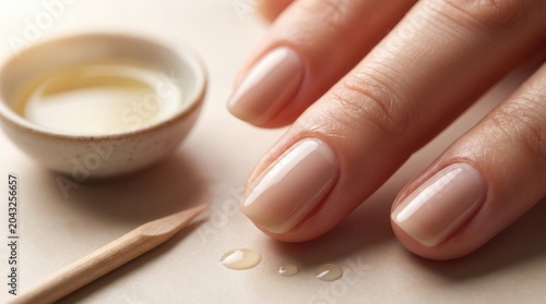 A close-up of a woman's hand with neatly manicured nails. A small bowl of oil and a wooden stick are placed nearby. The background is soft and neutral.