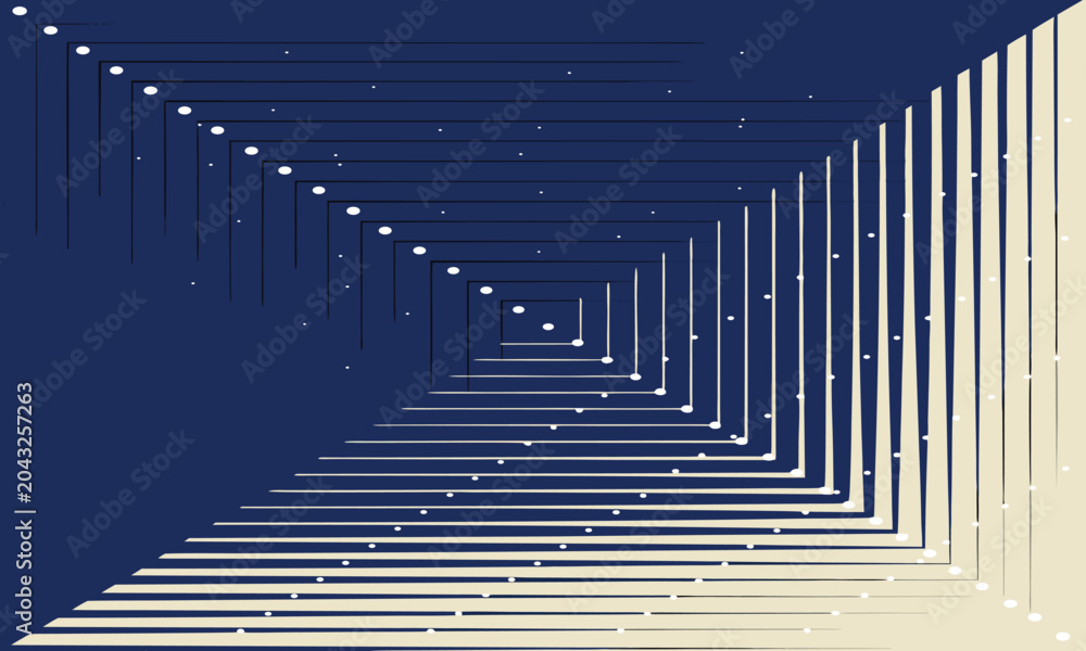 Fototapeta premium Tunnel, Dark Blue and Beige Spiral Lines with White Dots, Abstract Vector Illustration Featuring Geometric, Pattern, Design with Artistic