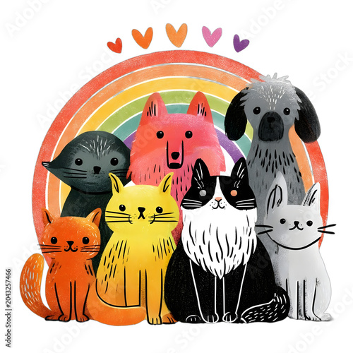 Colorful cartoon group of dogs and cats with rainbow background