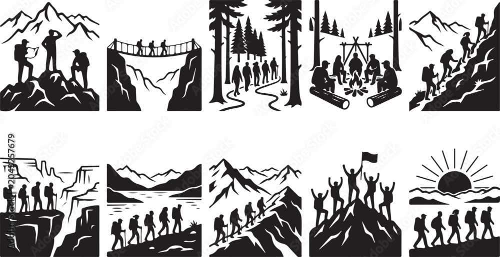 Fototapeta premium Hiking, adventure, outdoor activities, black icons, silhouette, vector graphics, 12 elements