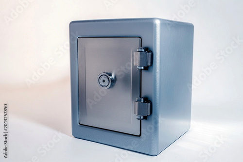 Secure metal safe with combination lock in studio lighting