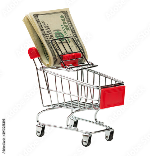 Grocery cart with Bitcoin wheels. The concept of technological breakthrough, online shopping.