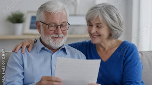 Happy Senior Couple Reviewing Important Document or Letter while Sitting on Sofa at Home
