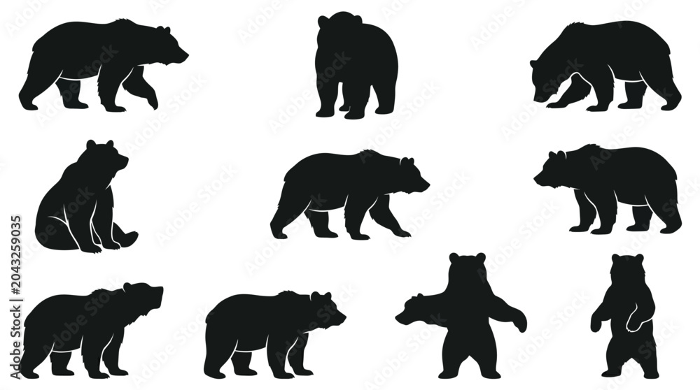 Fototapeta premium A collection of black vector bear silhouettes featuring various natural poses in high contrast design