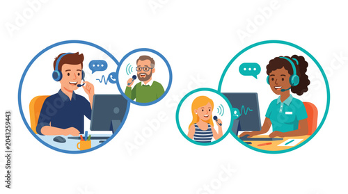 Diverse people in headsets communicating through computer screens, with wavy lines symbolizing audio exchange and speech bubbles indicating messages.